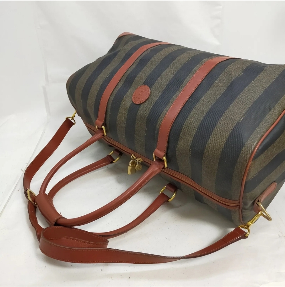 FENDI Pequin Travel Bag Brow Canvas Leather Duffel Bag Carry-on Purse - Picture 5 of 9